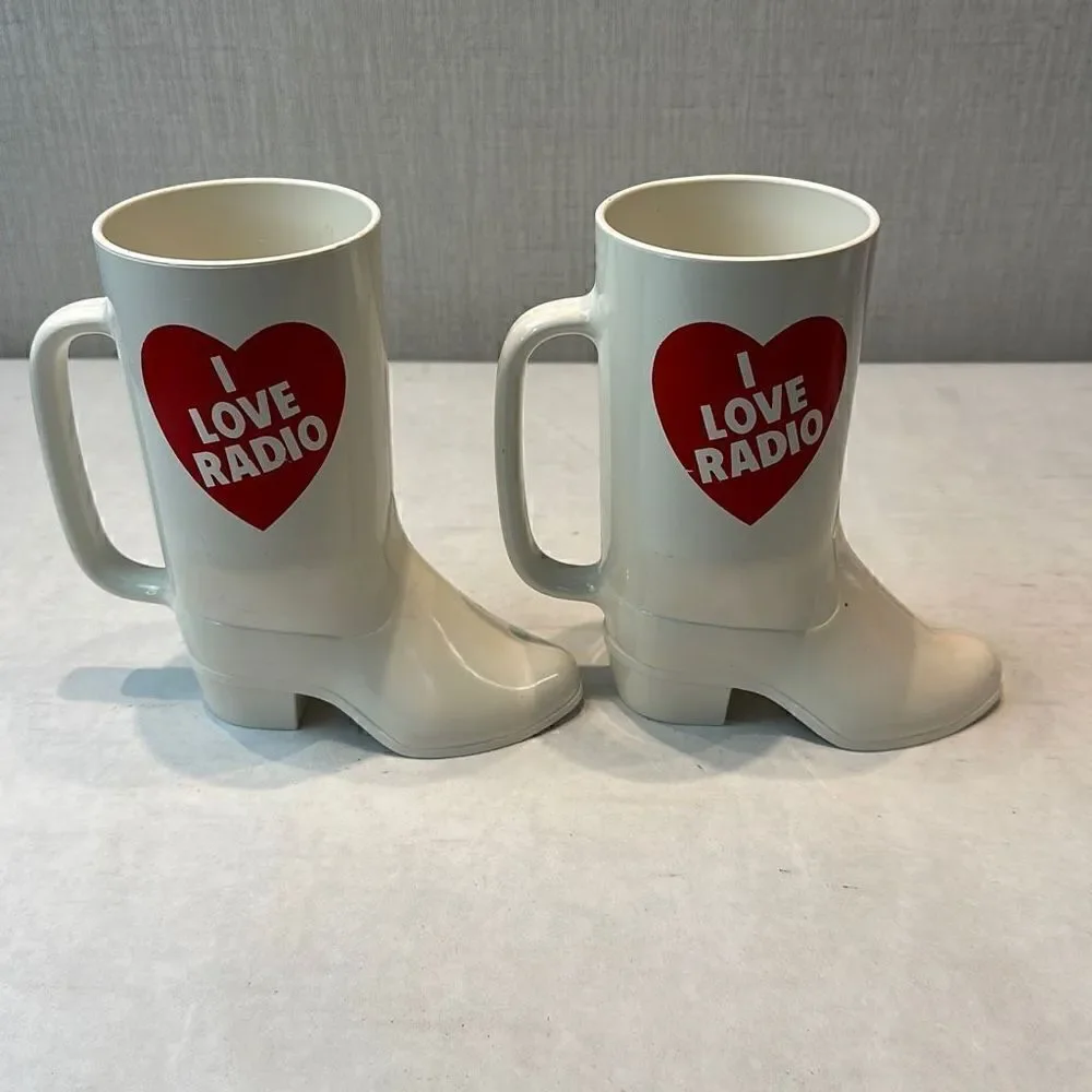 Vtg I Love Radio Boot Glasses Cups Plastic Mug
